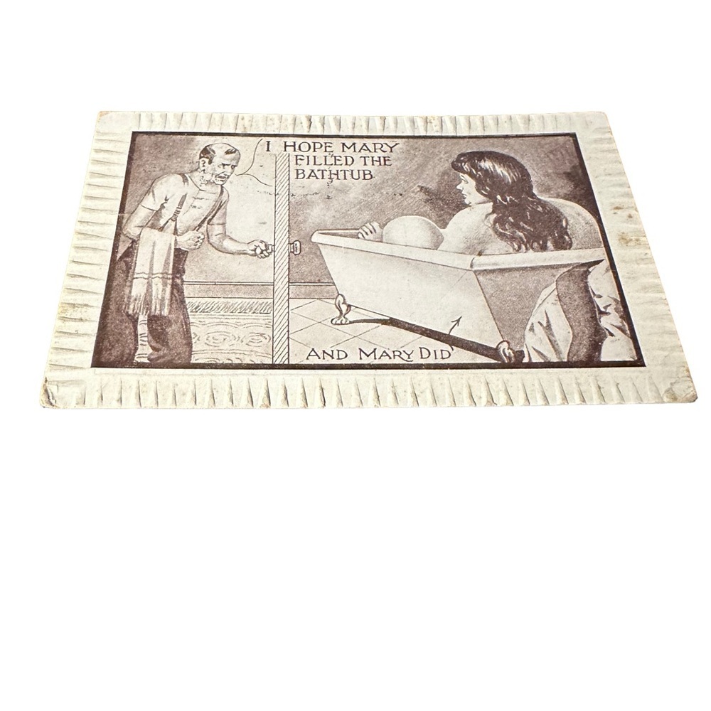 Vtg 1911 Postcard Lewd Humor Mary Filling Bathtub Posted Embossed Edges Note